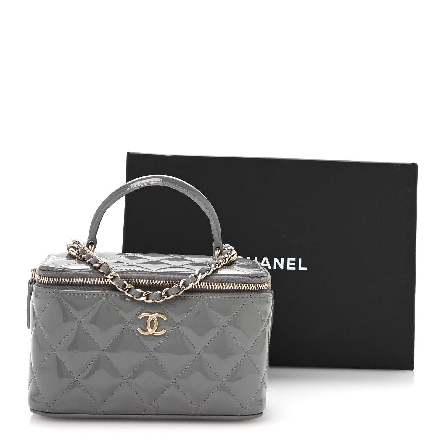 Chanel Patent Quilted Quilted Small Top Handle Vanity Case With Chain Grey 12 of 13