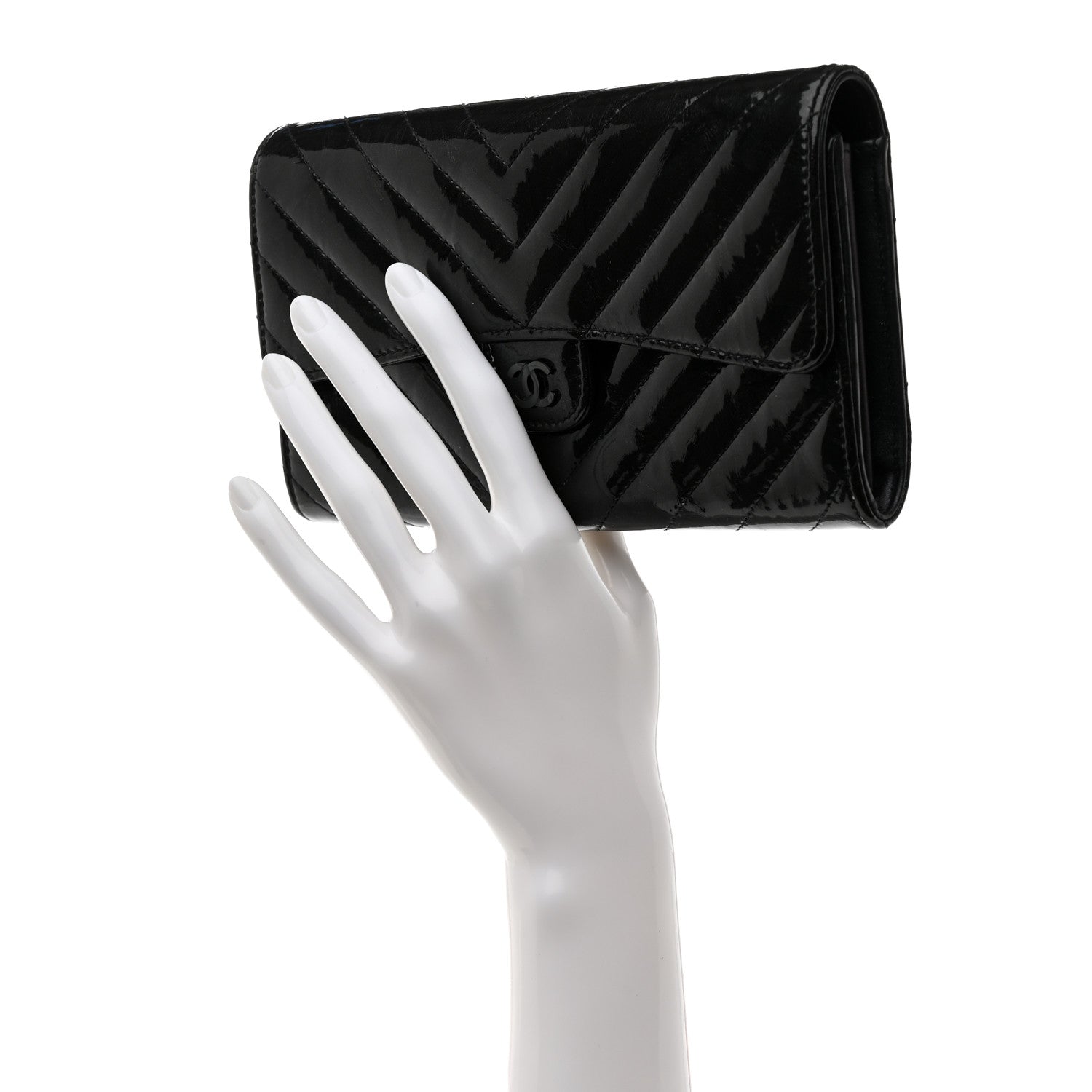 Chanel Patent Metallic Crumpled Calfskin Chevron Quilted Large Gusset Flap Wallet So Black 2 of 8