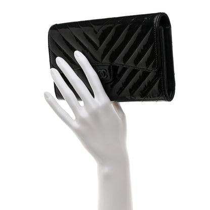 Chanel Patent Metallic Crumpled Calfskin Chevron Quilted Large Gusset Flap Wallet So Black 2 of 8