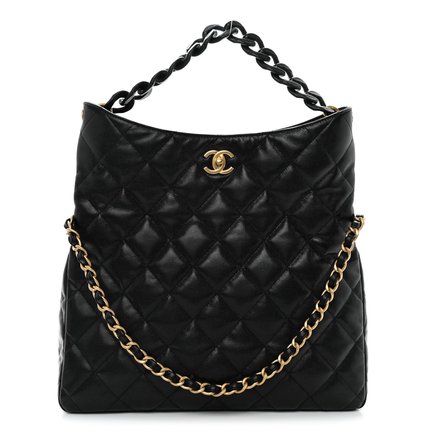 Caviar Quilted Fold Over Hobo Black