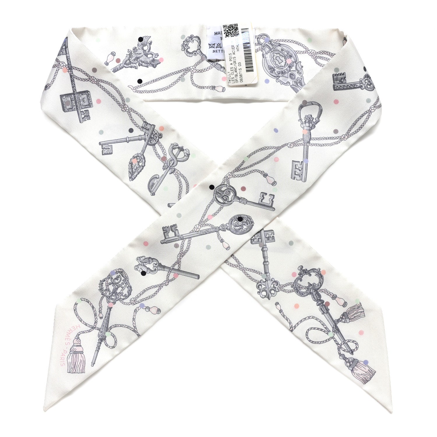 Hermes Silk Les Cles A Pois Twilly White Gris Acier 1 of 4