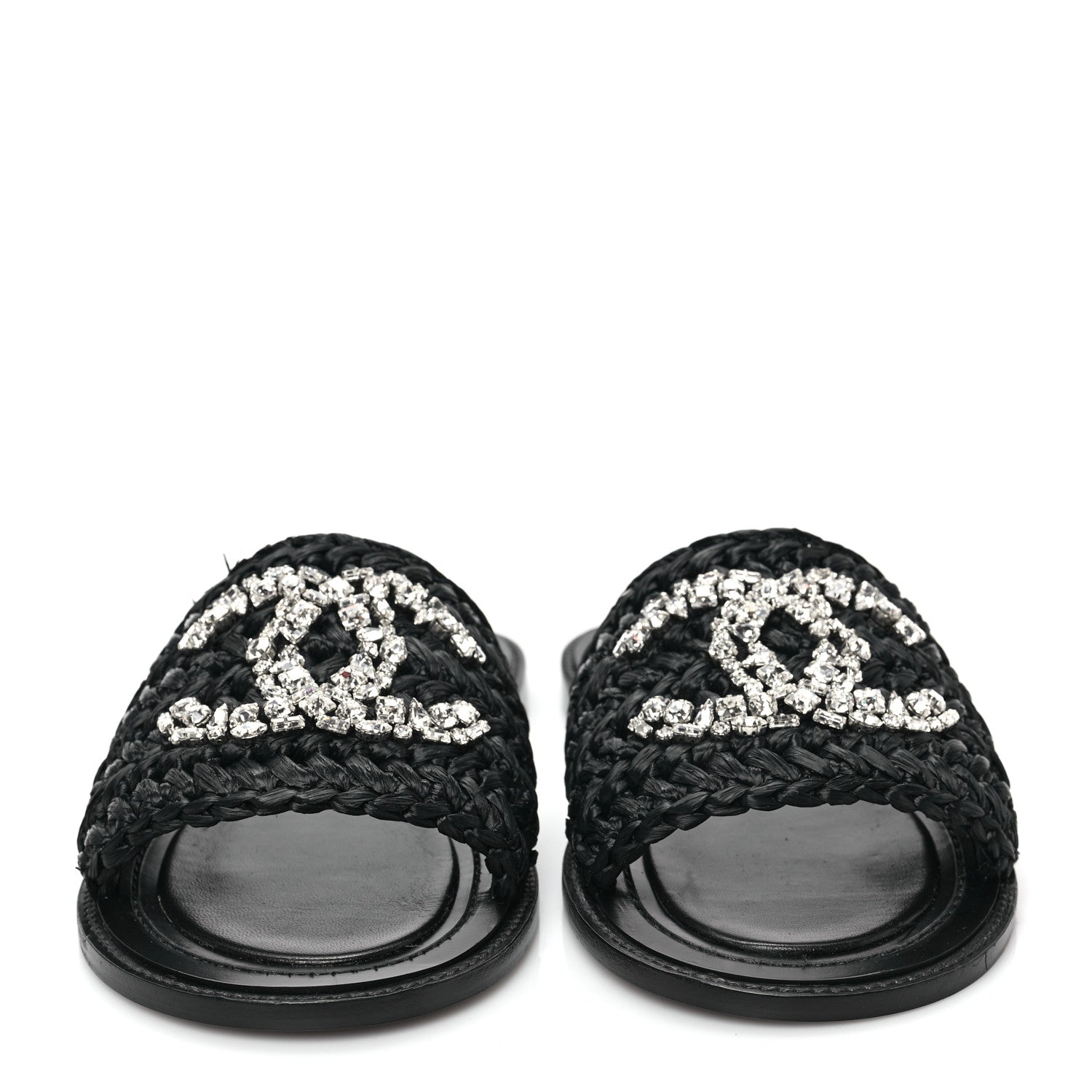 Chanel Raffia Crystal CC Mules Sandals 39 Black 2 of 9