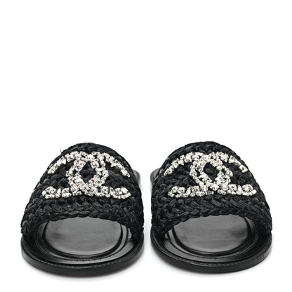 Chanel Raffia Crystal CC Mules Sandals 39 Black 2 of 9