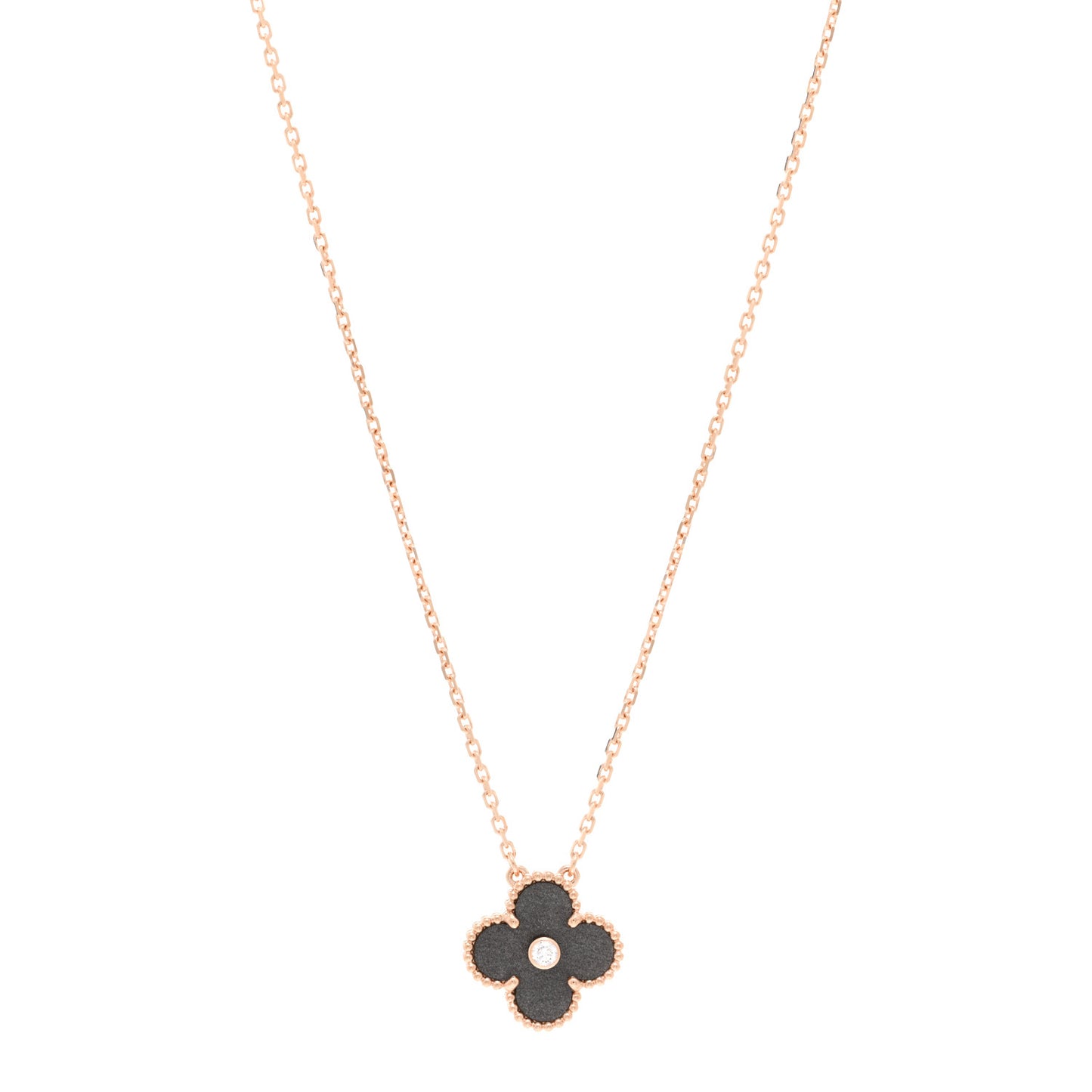 18K Rose Gold Diamond Silver Obsidian Vintage Alhambra Pendant Necklace