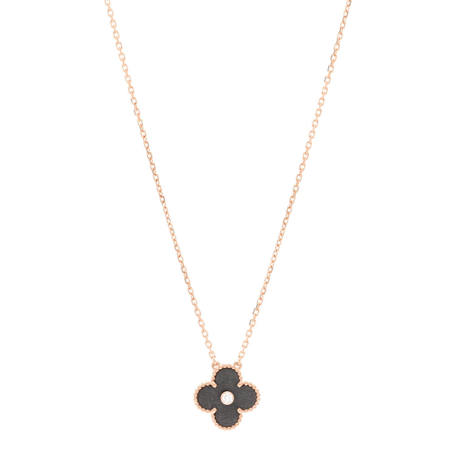 Van Cleef & Arpels 18K Rose Gold Diamond Silver Obsidian Vintage Alhambra Pendant Necklace 1 of 5