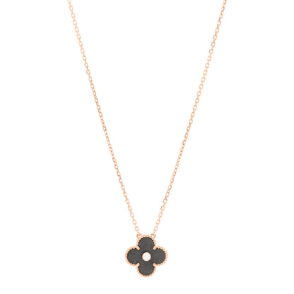 Van Cleef & Arpels 18K Rose Gold Diamond Silver Obsidian Vintage Alhambra Pendant Necklace 1 of 5