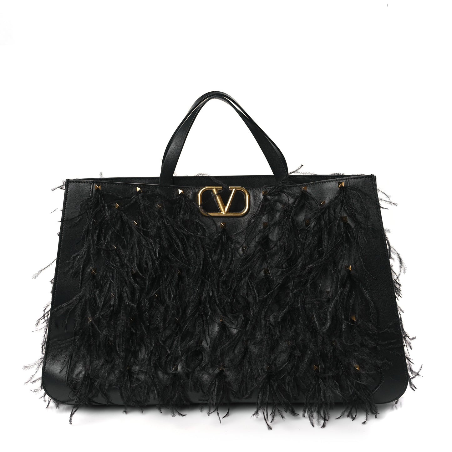 Calfskin Ostrich Feather Roman Stud VLogo Tote Black