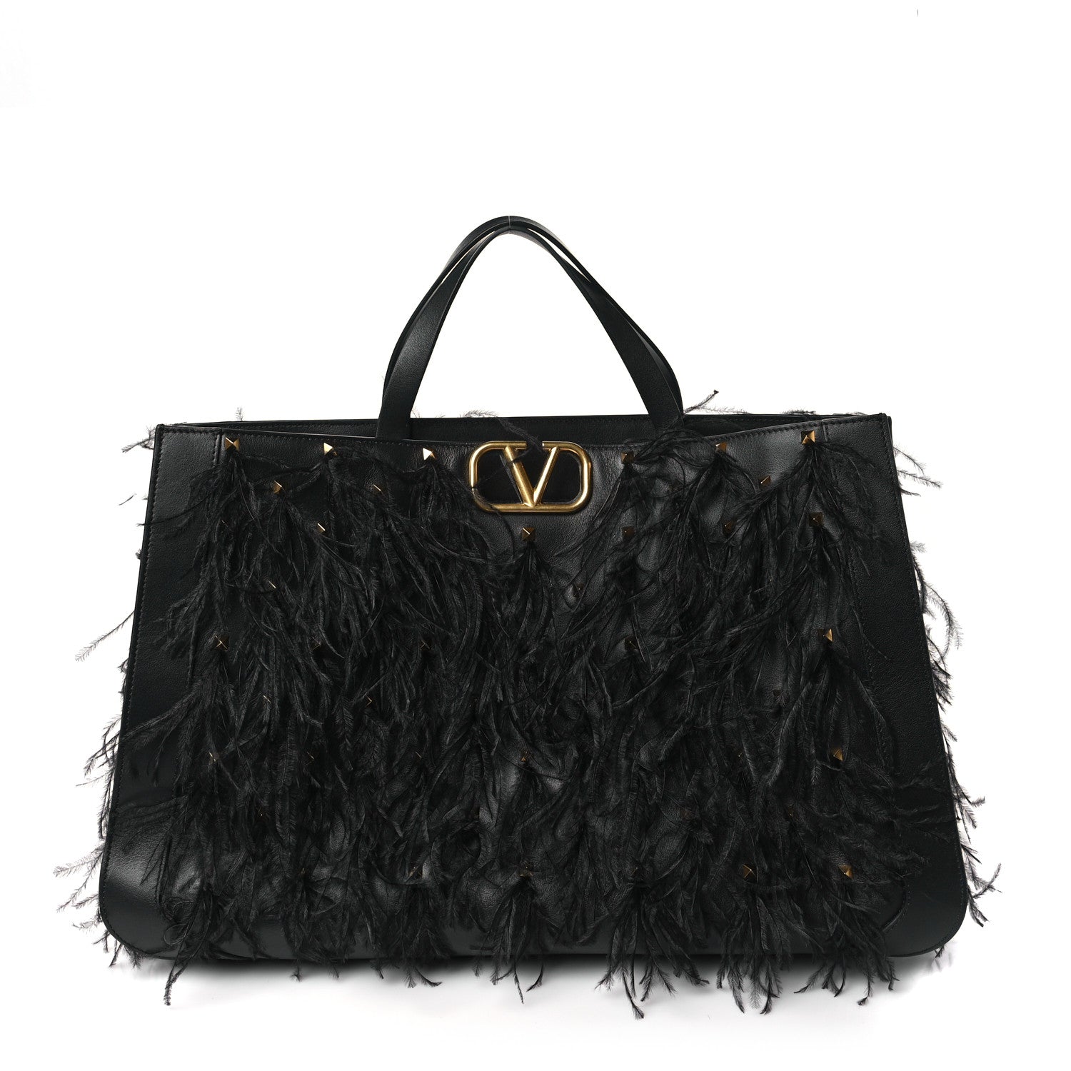Valentino Garavani Calfskin Ostrich Feather Roman Stud VLogo Tote Black 1 of 9