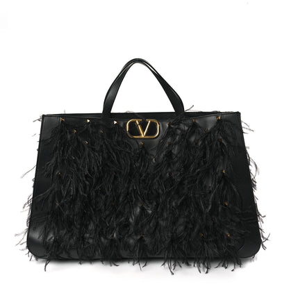 Valentino Garavani Calfskin Ostrich Feather Roman Stud VLogo Tote Black 1 of 9