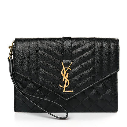 Saint Laurent Grain De Poudre Textured Mixed Matelasse Triquilt Monogram Clutch Black 1 of 10