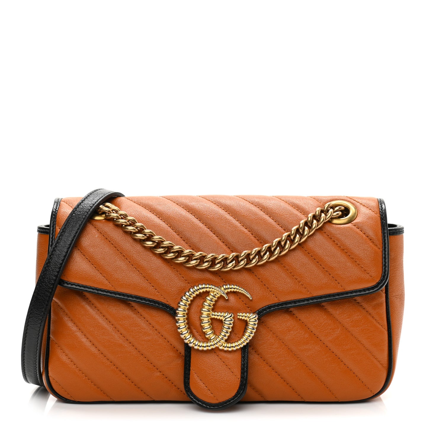Vintage Effect Calfskin Matelasse Diagonal Small Torchon GG Marmont Shoulder Bag Cognac Black