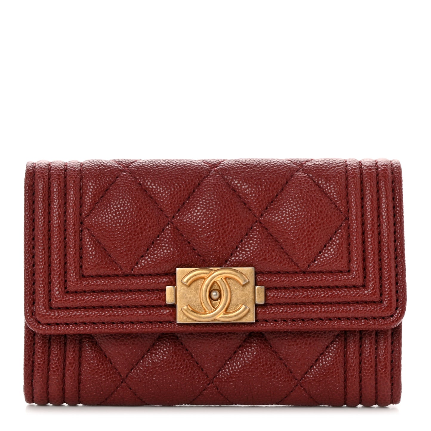Caviar Quilted Boy Flap Card Holder Wallet Burgundy