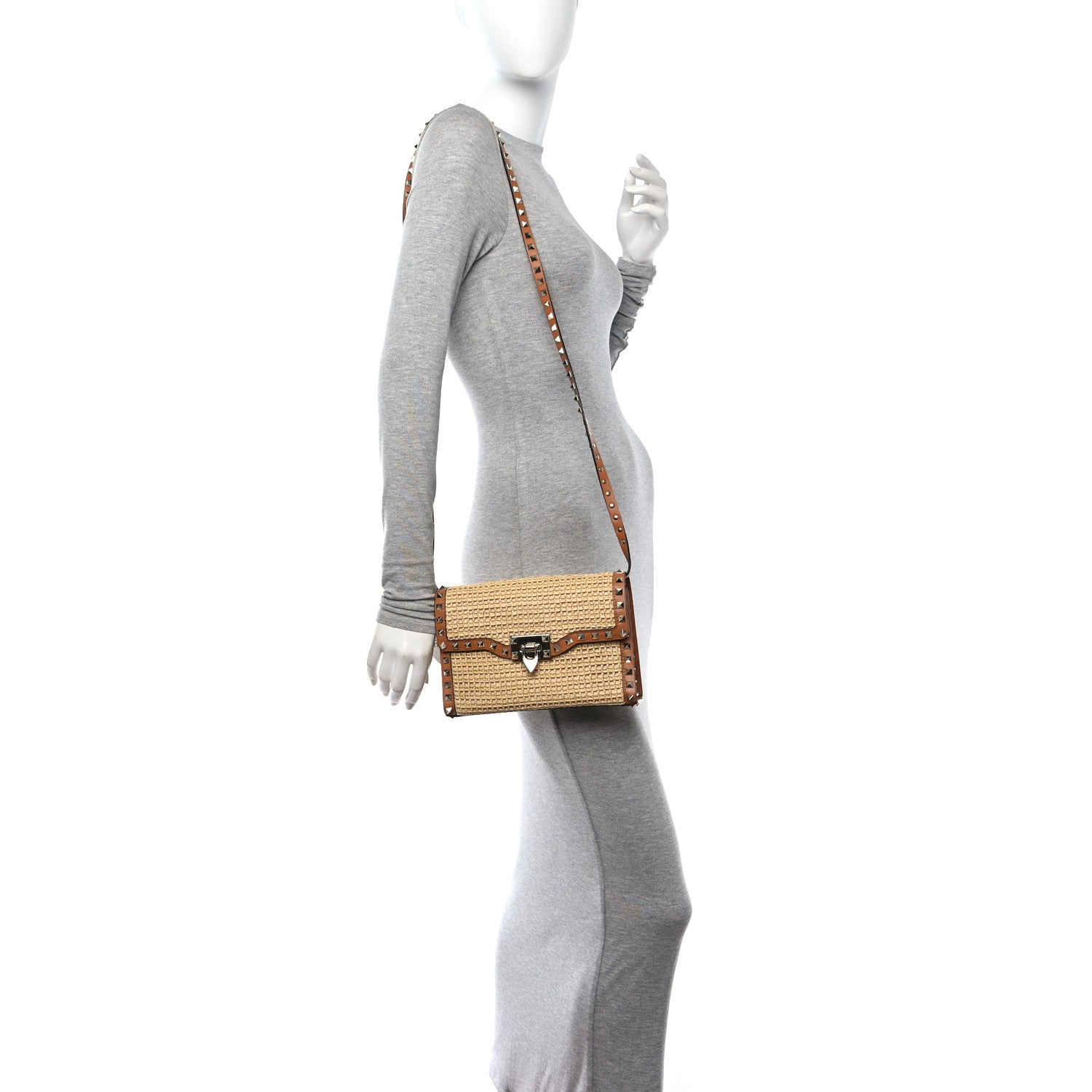 Valentino Garavani Raffia Calfskin Small Rockstud Flip Lock Crossbody Bag Natural Saddle Brown 2 of 9