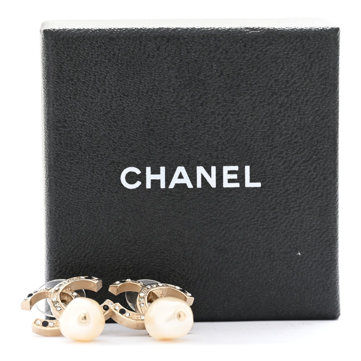 Crystal Pearl CC Drop Earrings Gold Black