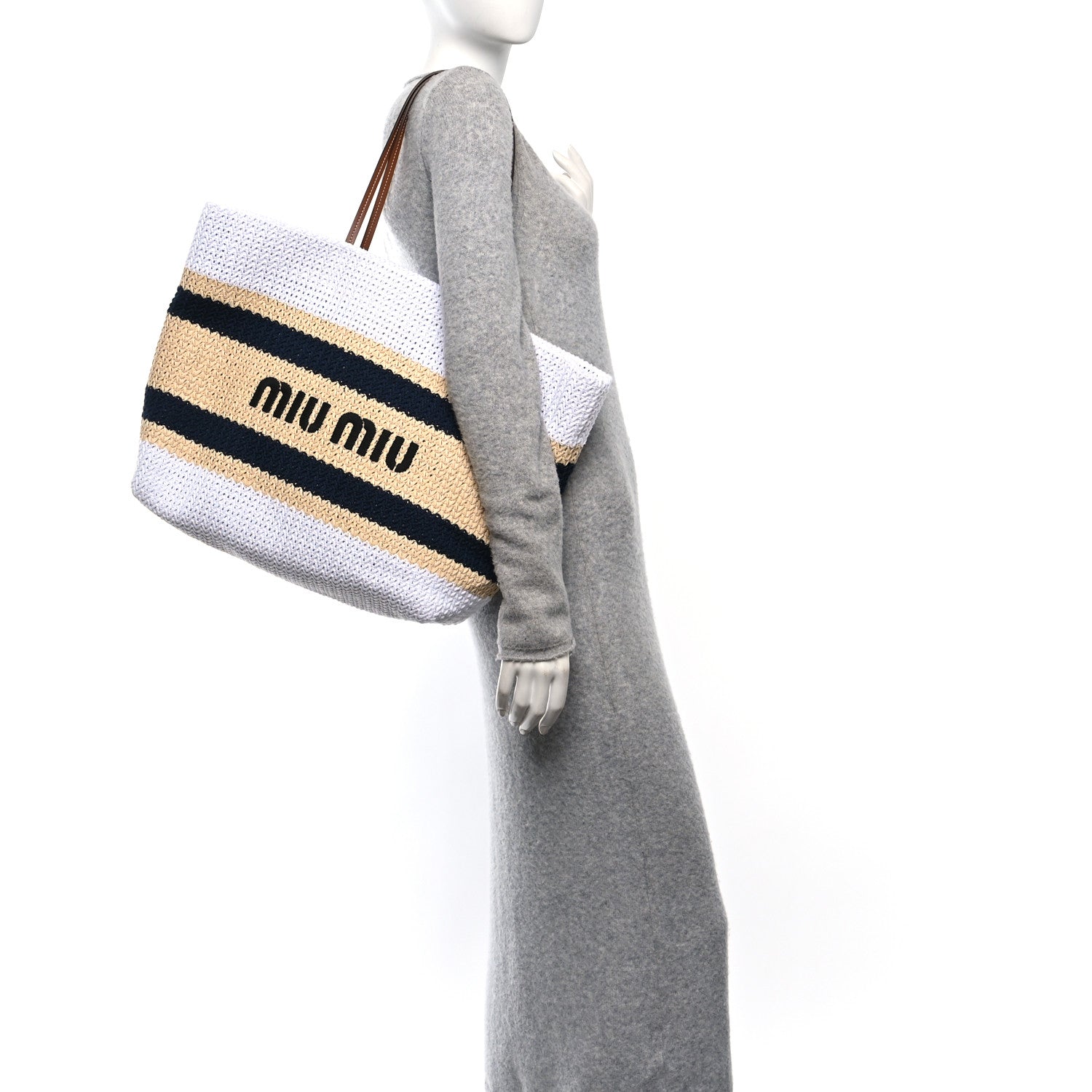 Miu Miu Raffia Crochet Stripe Tote Bag Naturale White 2 of 9