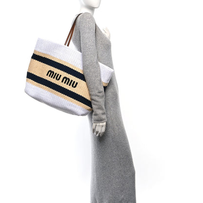 Miu Miu Raffia Crochet Stripe Tote Bag Naturale White 2 of 9