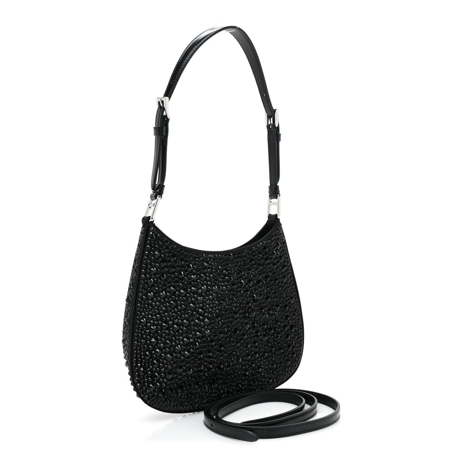 Prada Satin Crystal Cleo Adjustable Strap Shoulder Bag Black 3 of 9