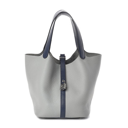 Hermes Taurillon Clemence Swift Picotin Lock 22 MM Gris Perle Bleu Saphir 1 of 9