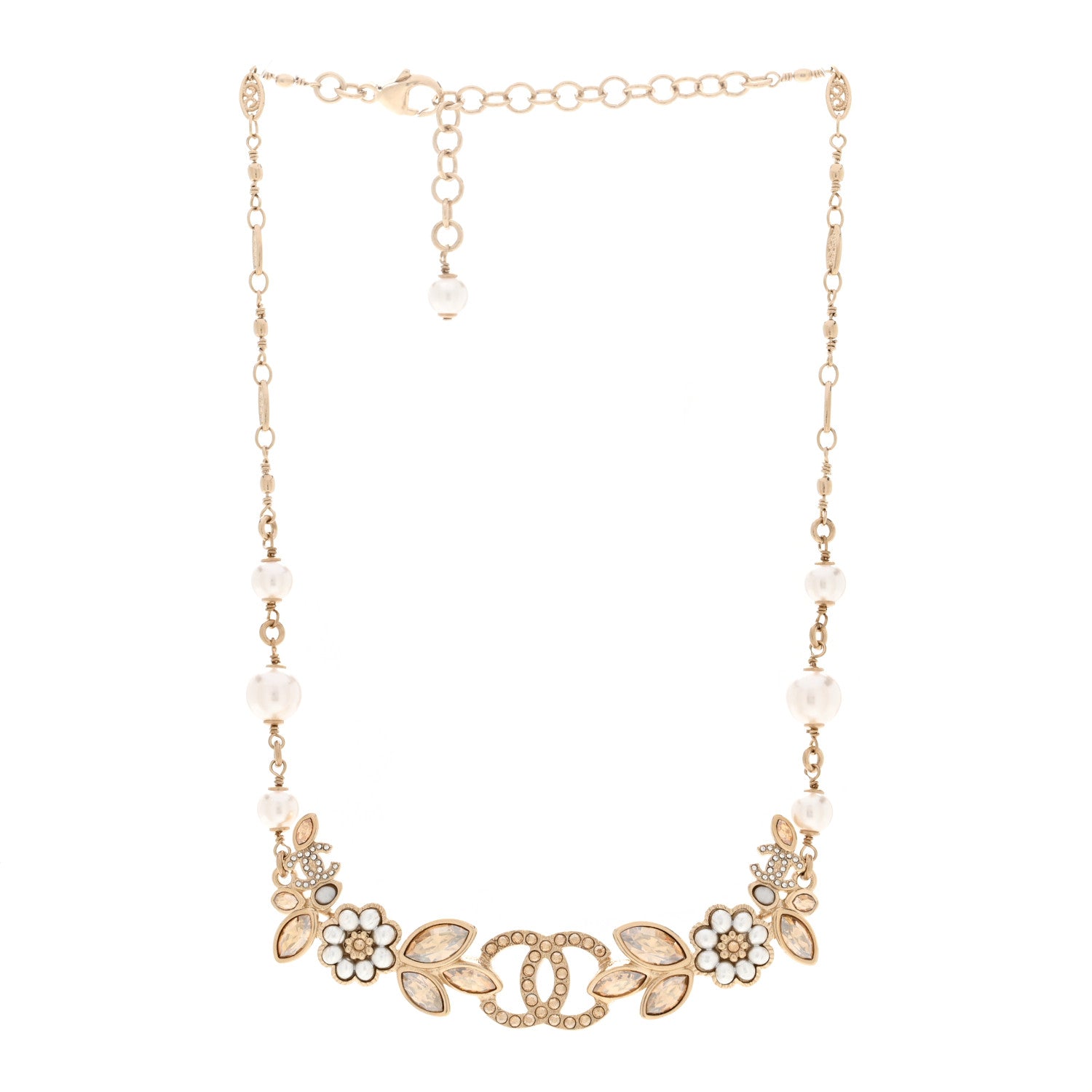 Chanel Pearl Crystal CC Flower Cluster Necklace Gold Light Brown Pearly White 3 of 4