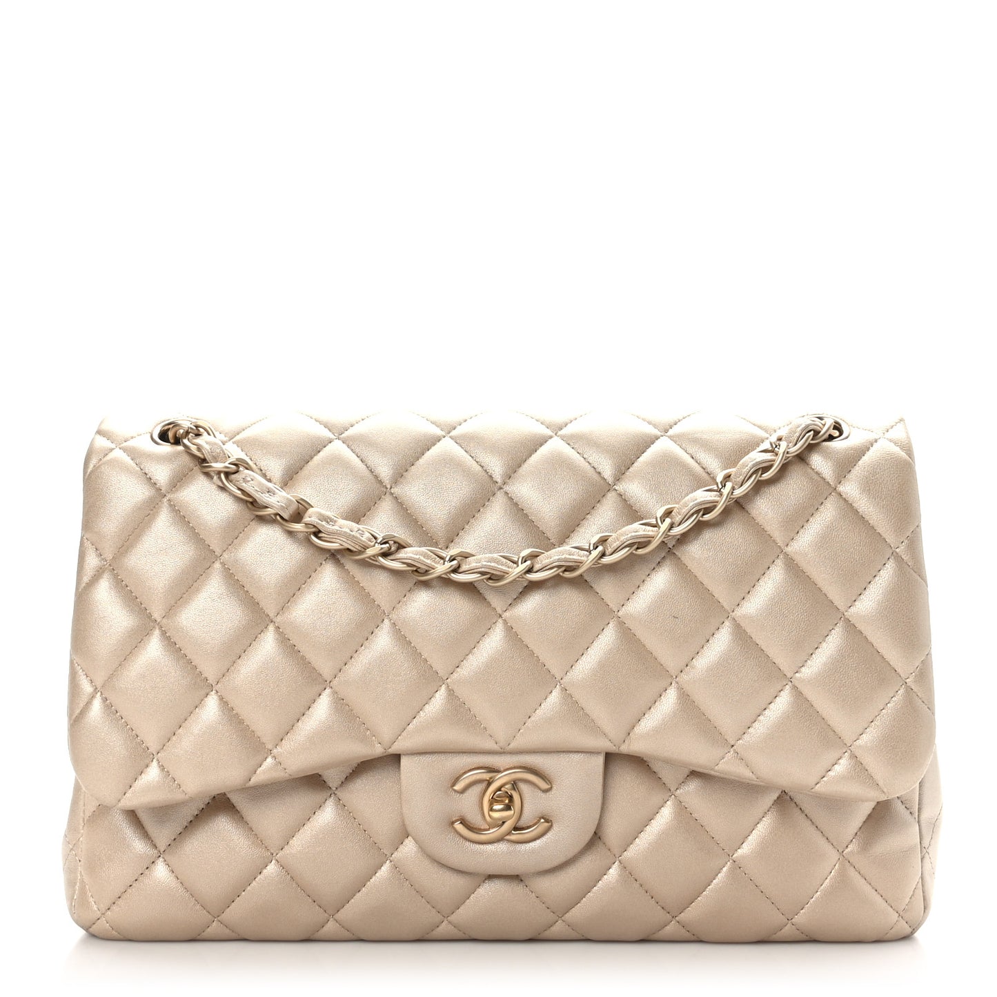 Metallic Lambskin Quilted Jumbo Double Flap Gold