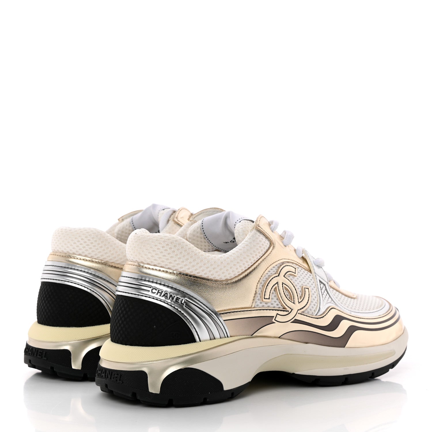Chanel Fabric Laminated Calfskin Stretch CC Womens Sneakers 41 White Gold Silver 4 of 11