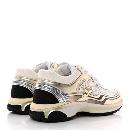 Chanel Fabric Laminated Calfskin Stretch CC Womens Sneakers 41 White Gold Silver 4 of 11