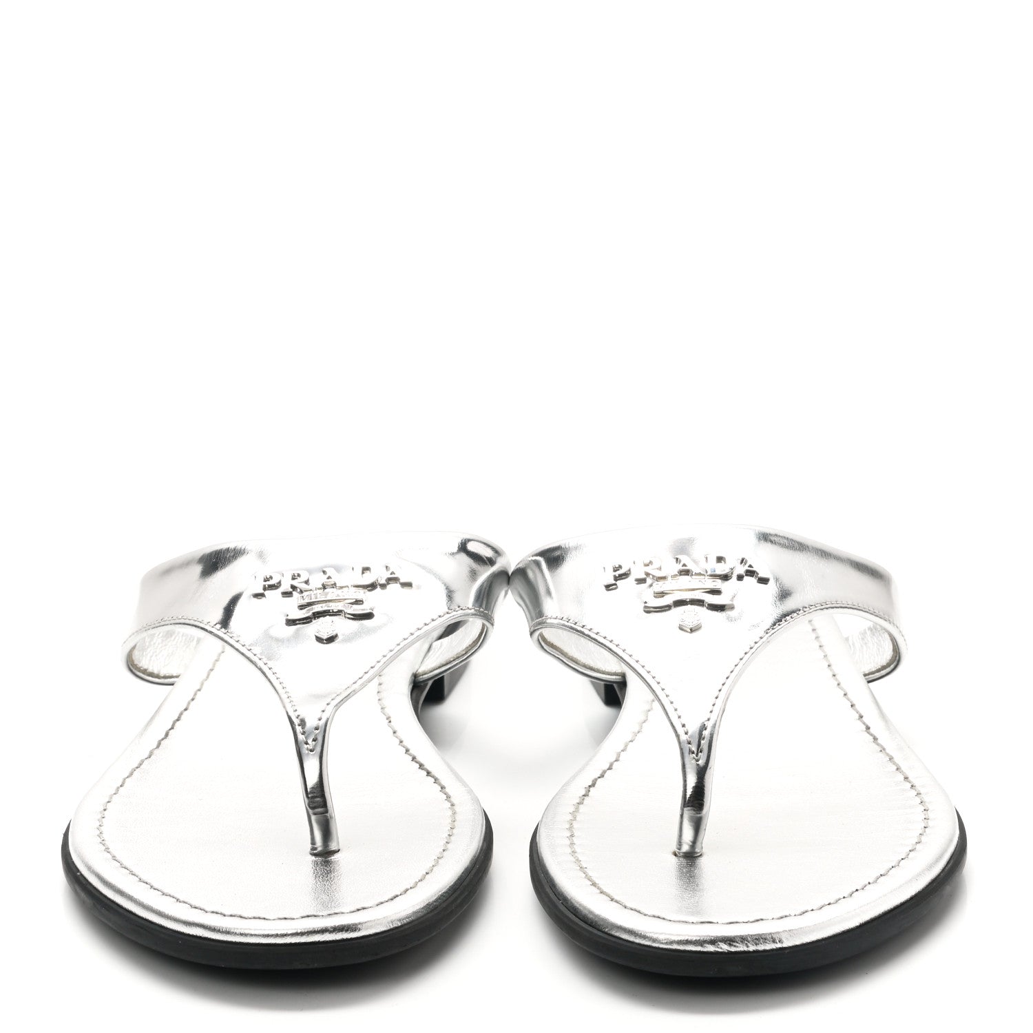 Prada Metallic Calfskin Logo Thong Sandals 37 Silver 2 of 7