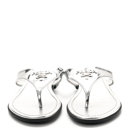 Prada Metallic Calfskin Logo Thong Sandals 37 Silver 2 of 7
