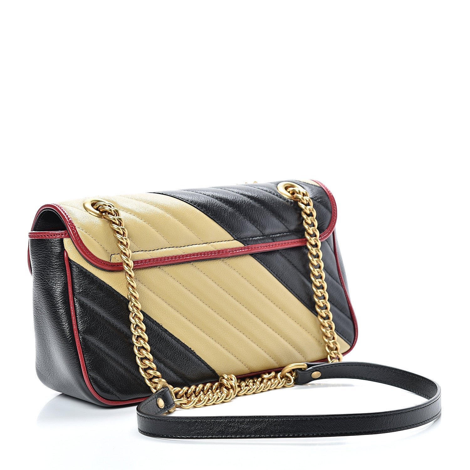 Gucci Vintage Effect Calfskin Matelasse Diagonal Striped Small Torchon GG Marmont Shoulder Bag Black Beige 2 of 9