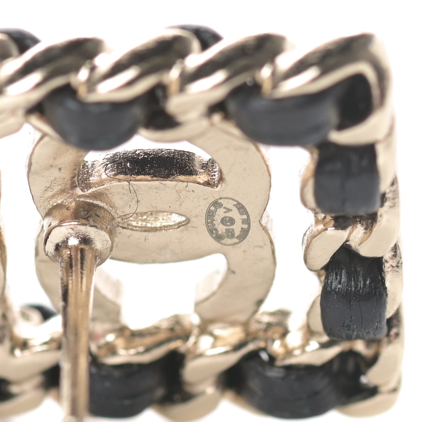 Crystal Lambskin Chain Sergeant Chanel Stud Earrings Black Gold