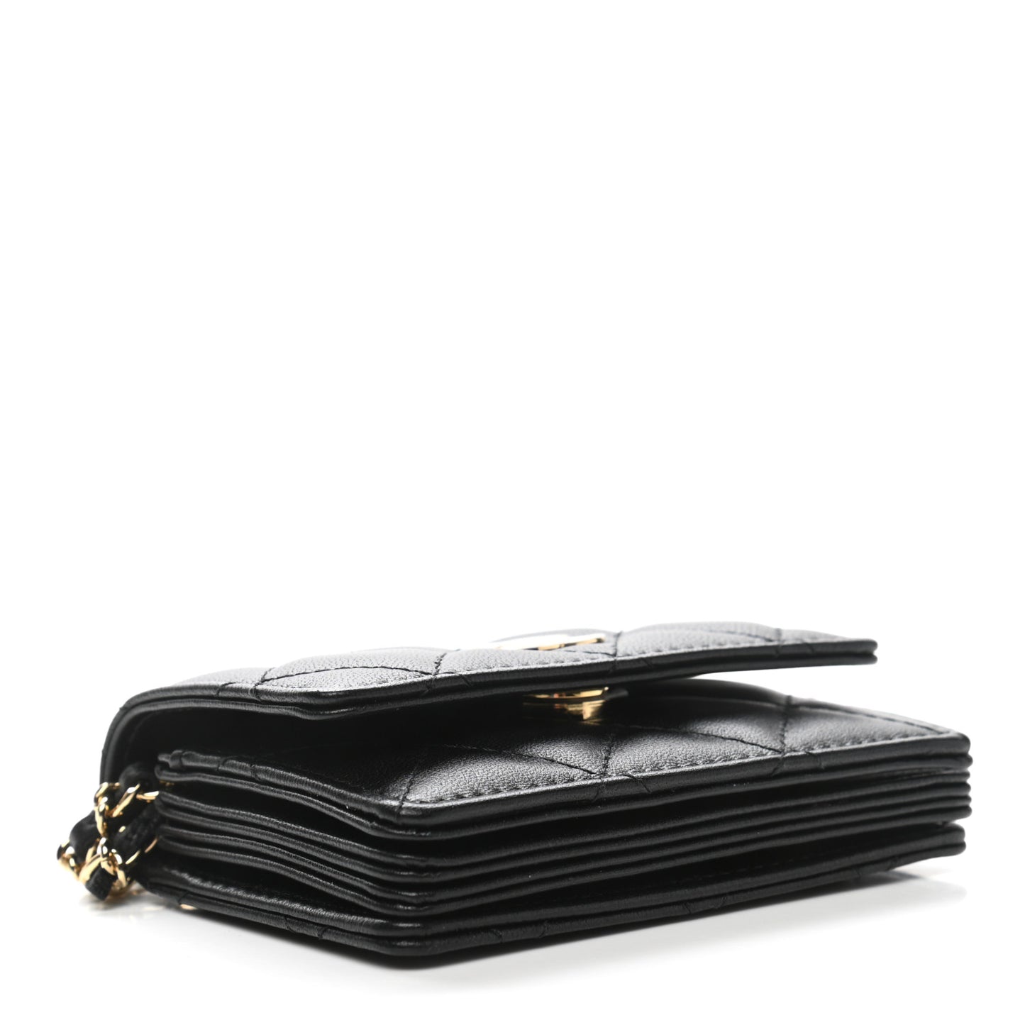 Lambskin Quilted Flap Card Holder With Cuff Black