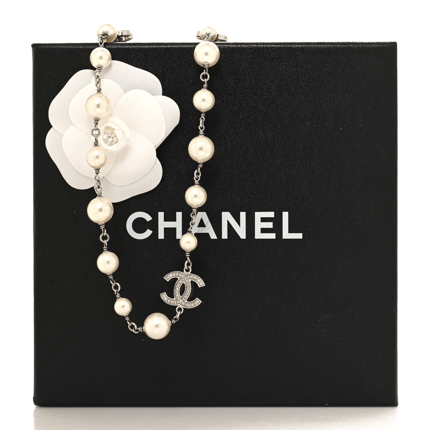 Chanel Crystal Pearl CC Long Necklace Silver 5 of 5