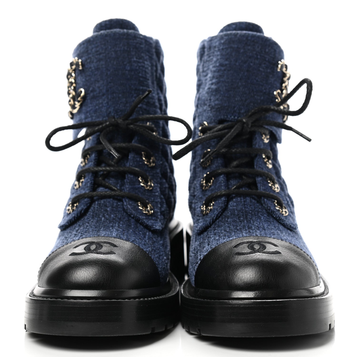 Chanel Denim Calfskin Quilted Lace Up Combat Boots 38 Blue 2 of 8