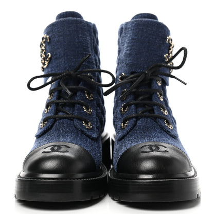 Chanel Denim Calfskin Quilted Lace Up Combat Boots 38 Blue 2 of 8
