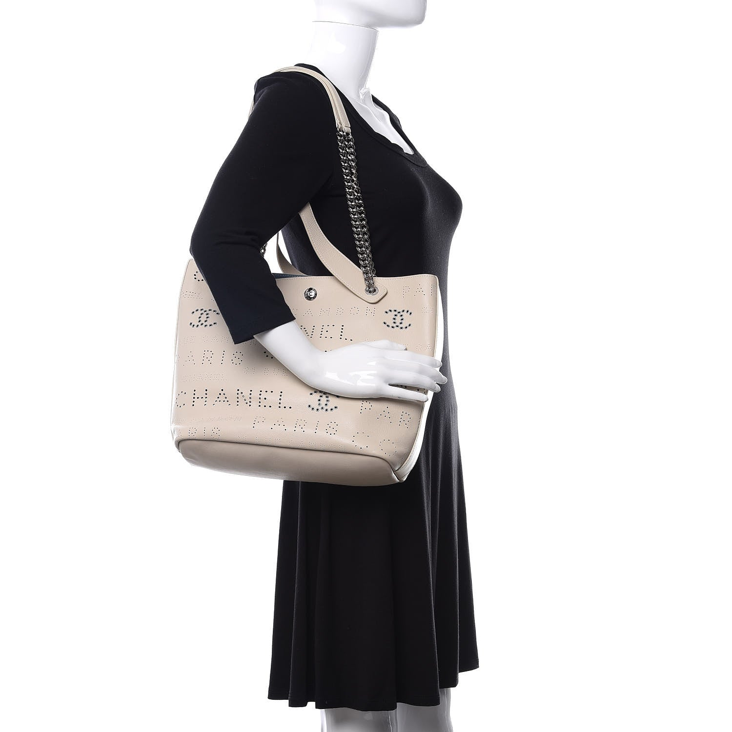 Chanel Calfskin Tweed Small Logo Eyelets Shopping Tote Beige 2 of 12