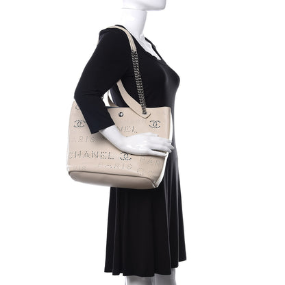 Chanel Calfskin Tweed Small Logo Eyelets Shopping Tote Beige 2 of 12