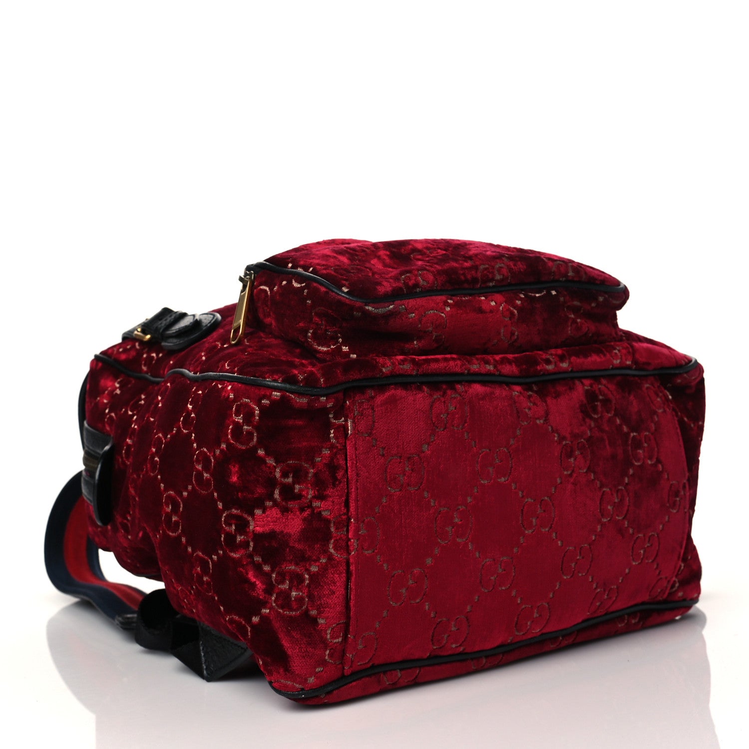 Gucci Velvet GG Monogram Textured Calfskin Web Small Double Buckle Backpack Red Cipria Black 4 of 14