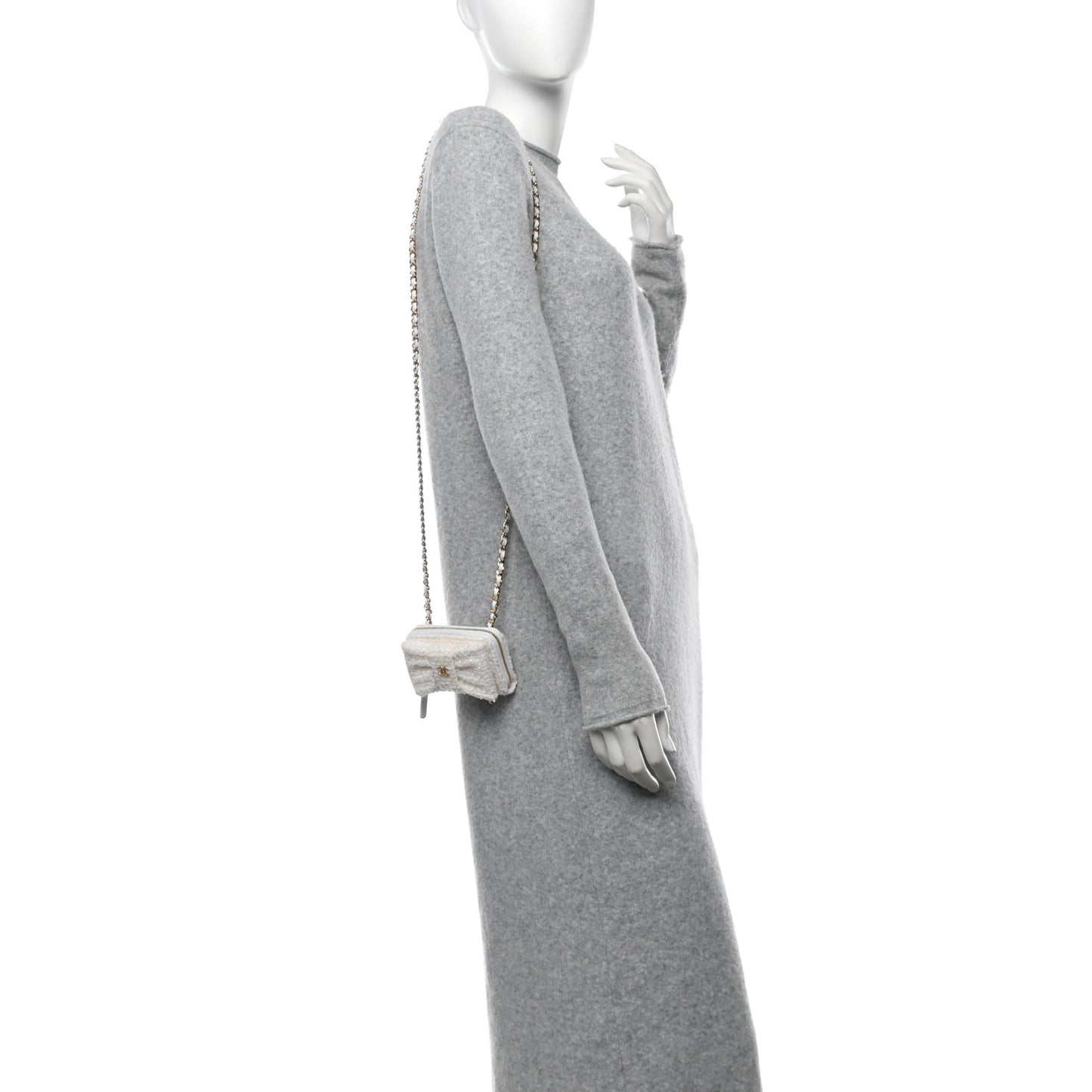 Tweed Quilted Bow Flap Card Holder On Chain White