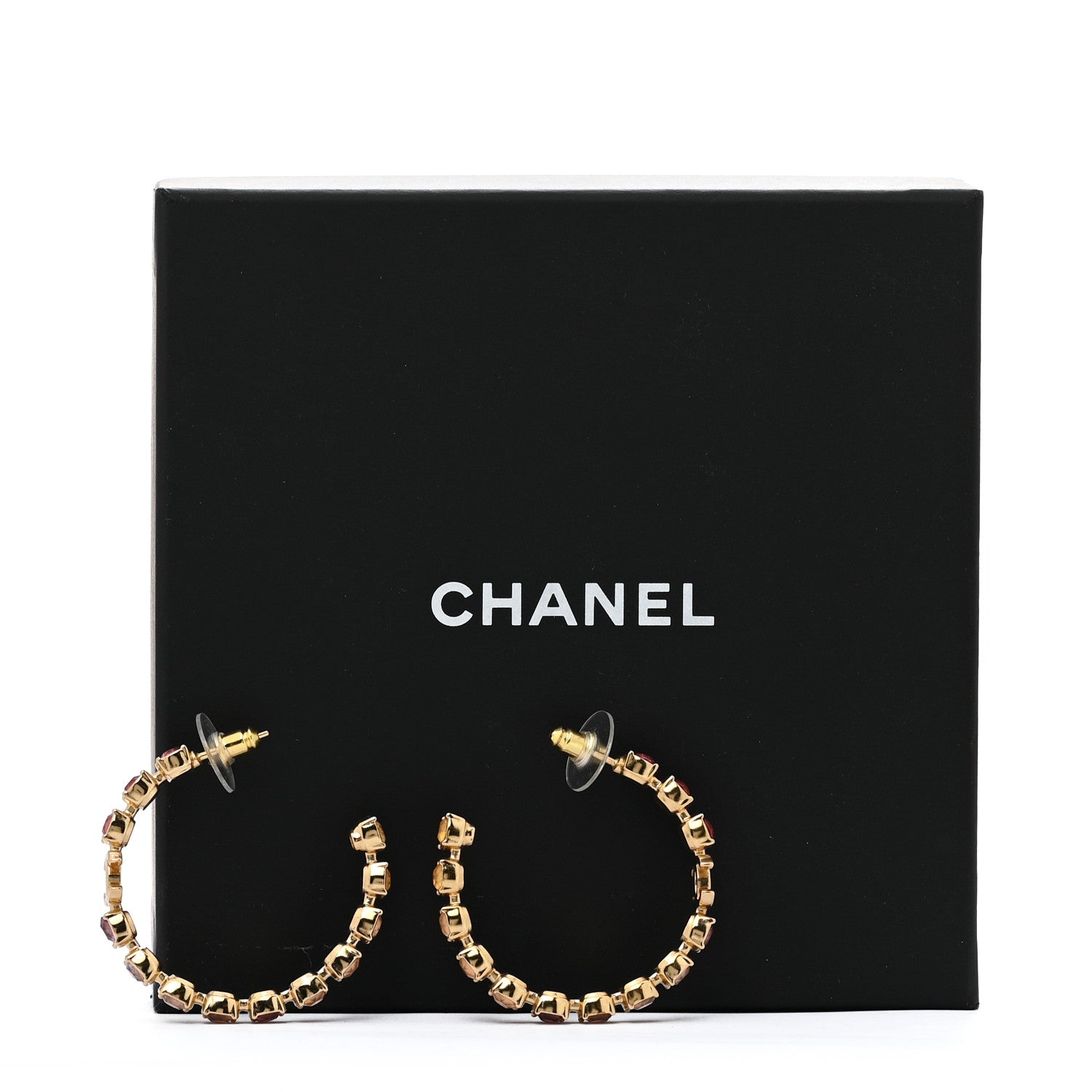 Chanel Crystal CC Hoop Earrings Gold Pink Orange Purple Yellow 7 of 7