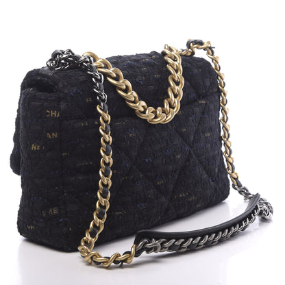 Chanel Tweed Quilted Large Chanel 19 Flap Black Navy Gold 3 of 11