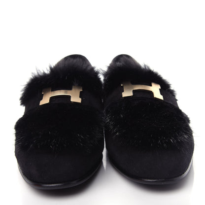Hermes Mink Fur Suede Goatskin Paris Loafers 36.5 Black 5 of 11