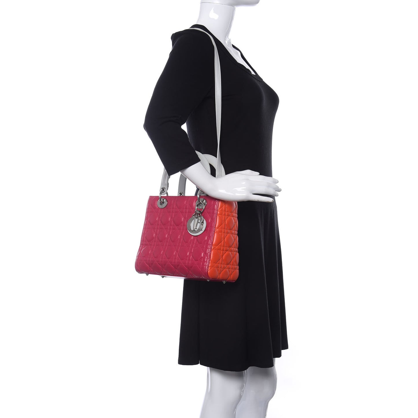Lambskin Cannage Medium Tri-Color Lady Dior Fuchsia Orange
