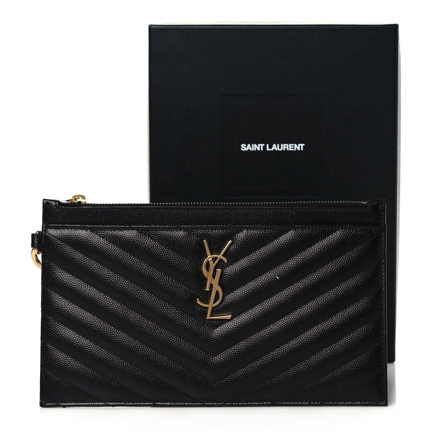 Saint Laurent Grain De Poudre Chevron Monogram Large Bill Pouch Black 9 of 9