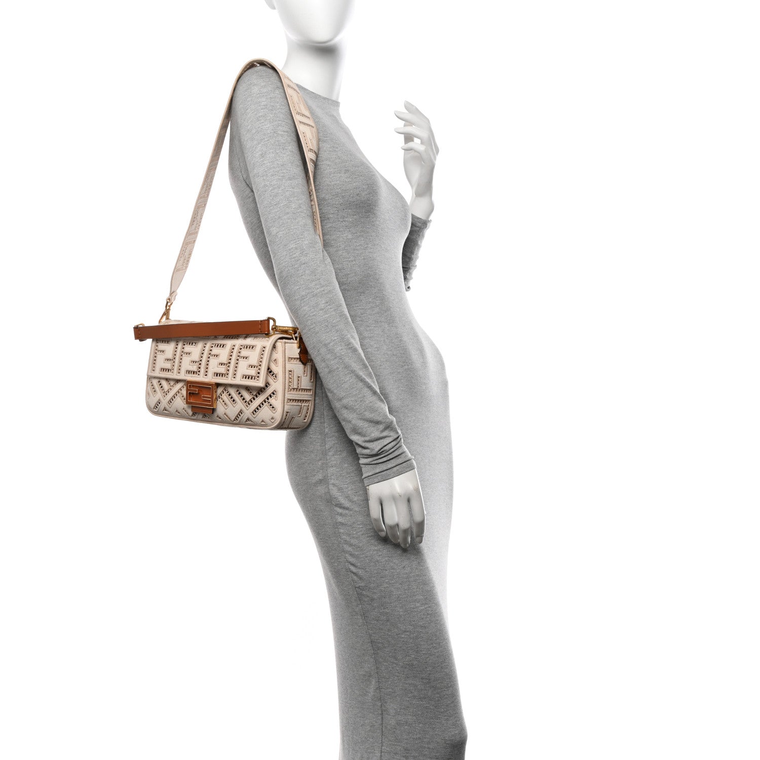 Fendi Canvas Cuoio Agata FF Ajour Embroidered Baguette Grezzo Cuoio 2 of 9