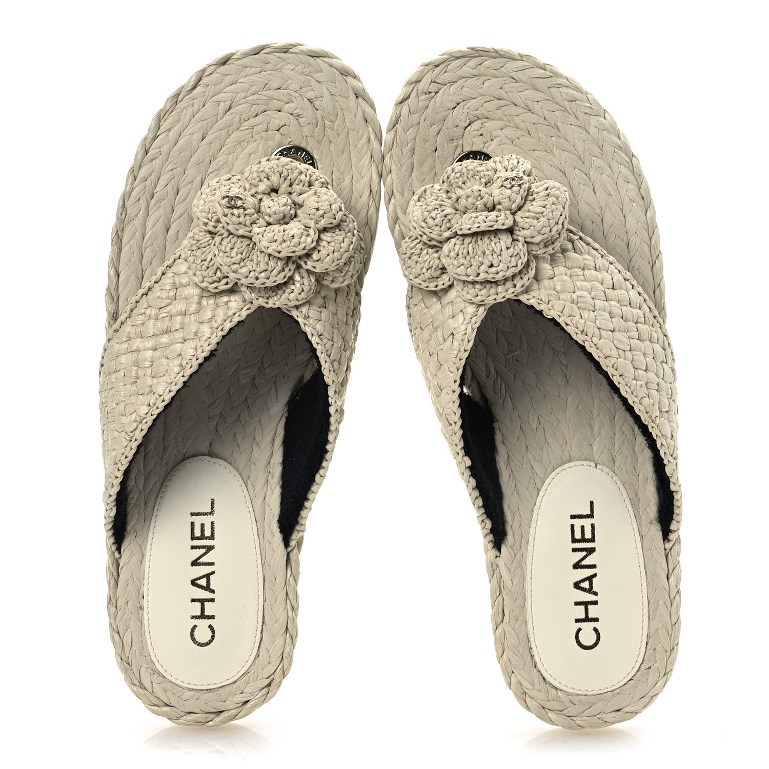 Chanel Raffia Camellia Flower Thong Sandals 38.5 Ivory 2 of 13