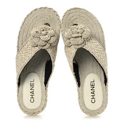 Chanel Raffia Camellia Flower Thong Sandals 38.5 Ivory 2 of 13