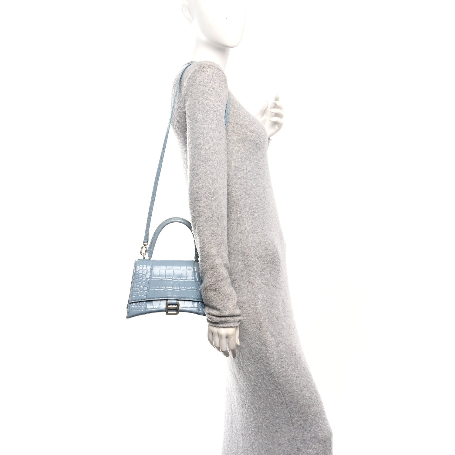 Balenciaga Shiny Calfskin Crocodile Embossed Small Hourglass Top Handle Bag Blue Grey 2 of 16