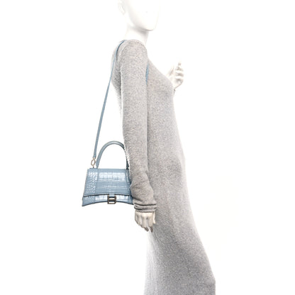 Balenciaga Shiny Calfskin Crocodile Embossed Small Hourglass Top Handle Bag Blue Grey 2 of 16