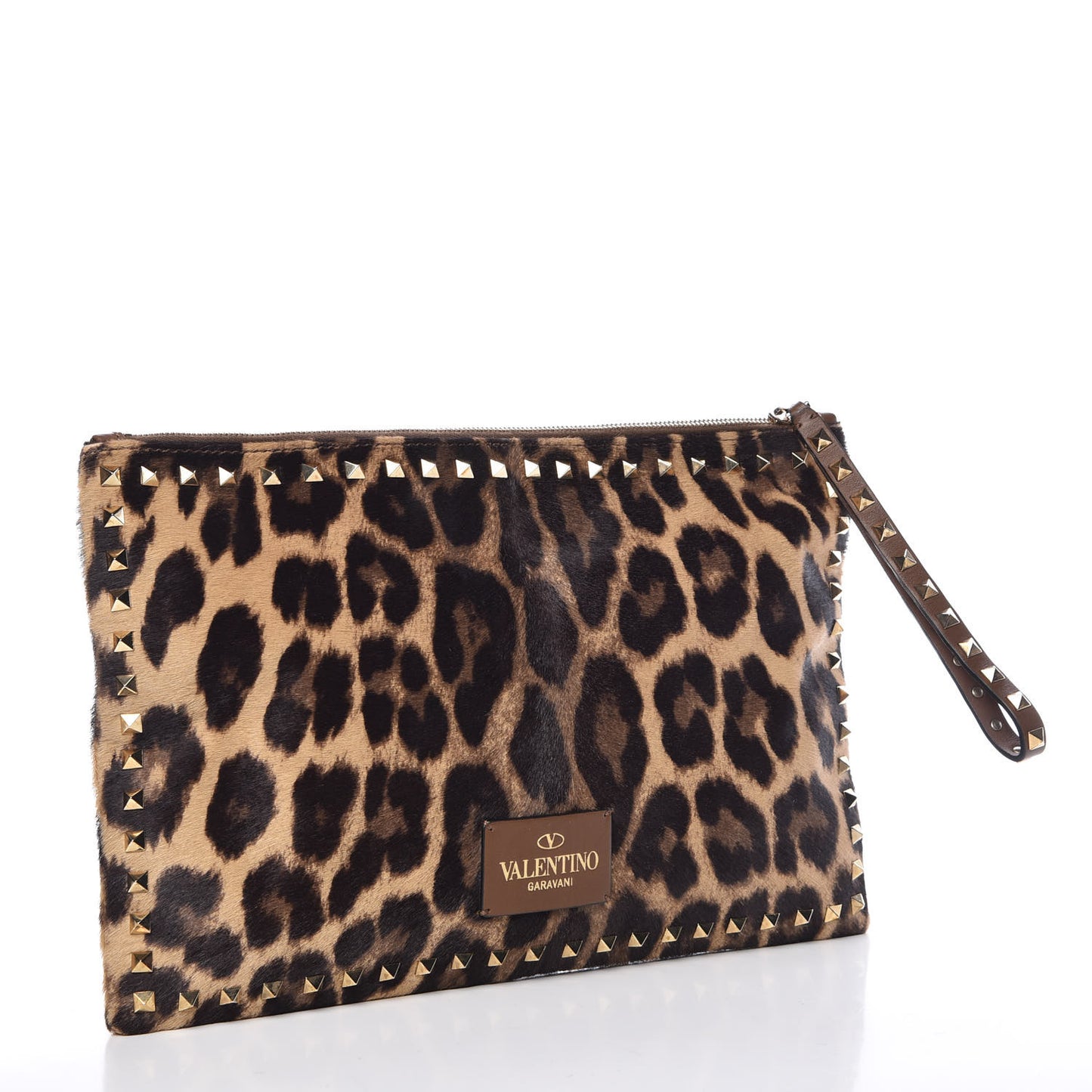 Calf Hair Leopard Print Rockstud Zip Wristlet Pouch Leopard