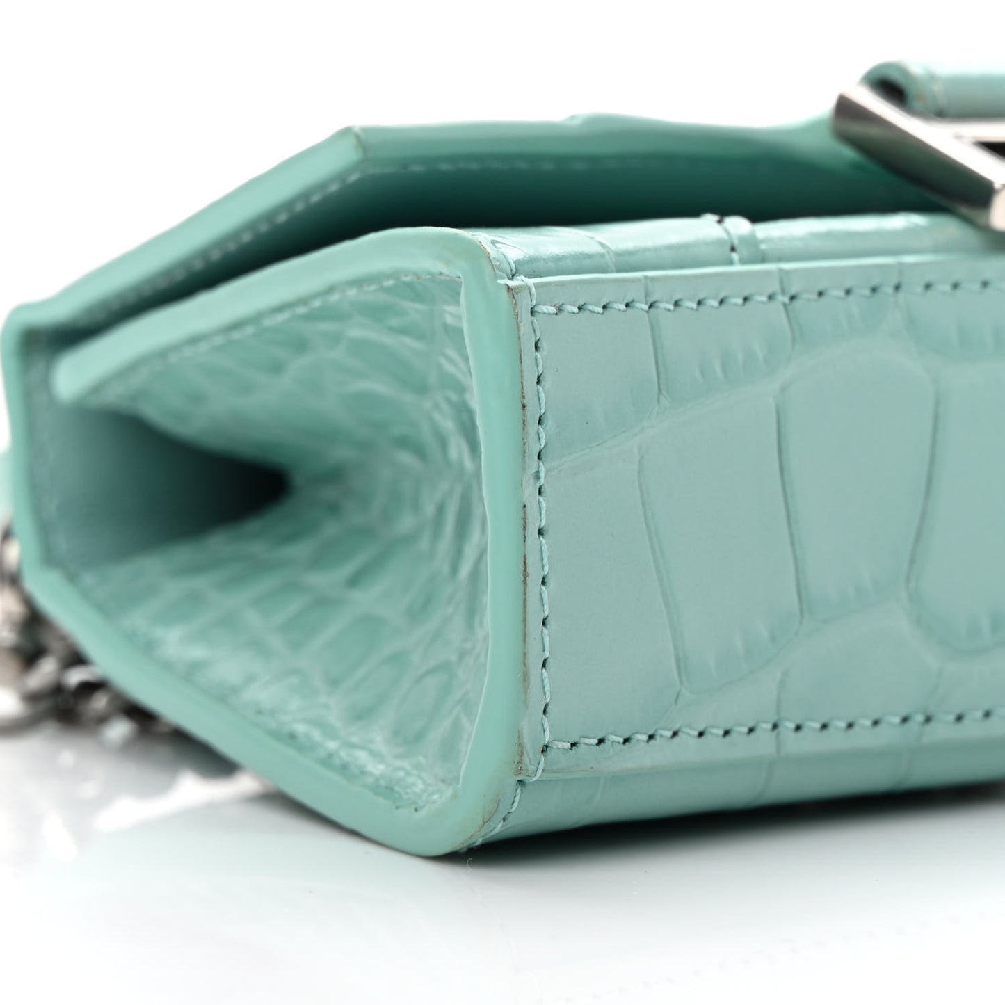 Shiny Calfskin Crocodile Embossed Hourglass Top Handle Bag Mini with Chain Green Acqua